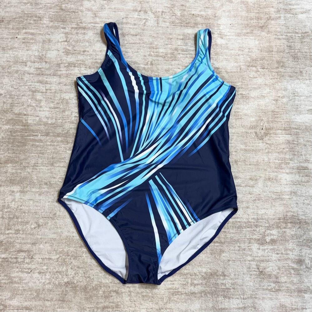Women’s XXL Blue One Piece Swimsuit Striped Geometric Print Swim Resort Vaca